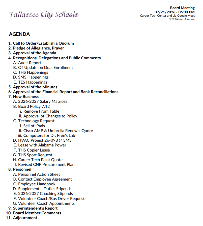 Agenda for a Tallassee City Schools Board Meeting on 07/21/2026, including items like New Business and Personnel.