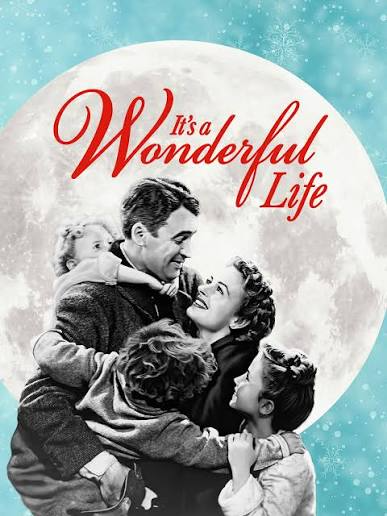 A vintage movie poster for It's a Wonderful Life features a family embracing in front of a large moon.