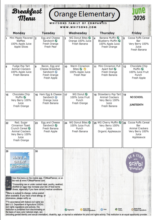 June Elementary Breakfast & Lunch Menus 