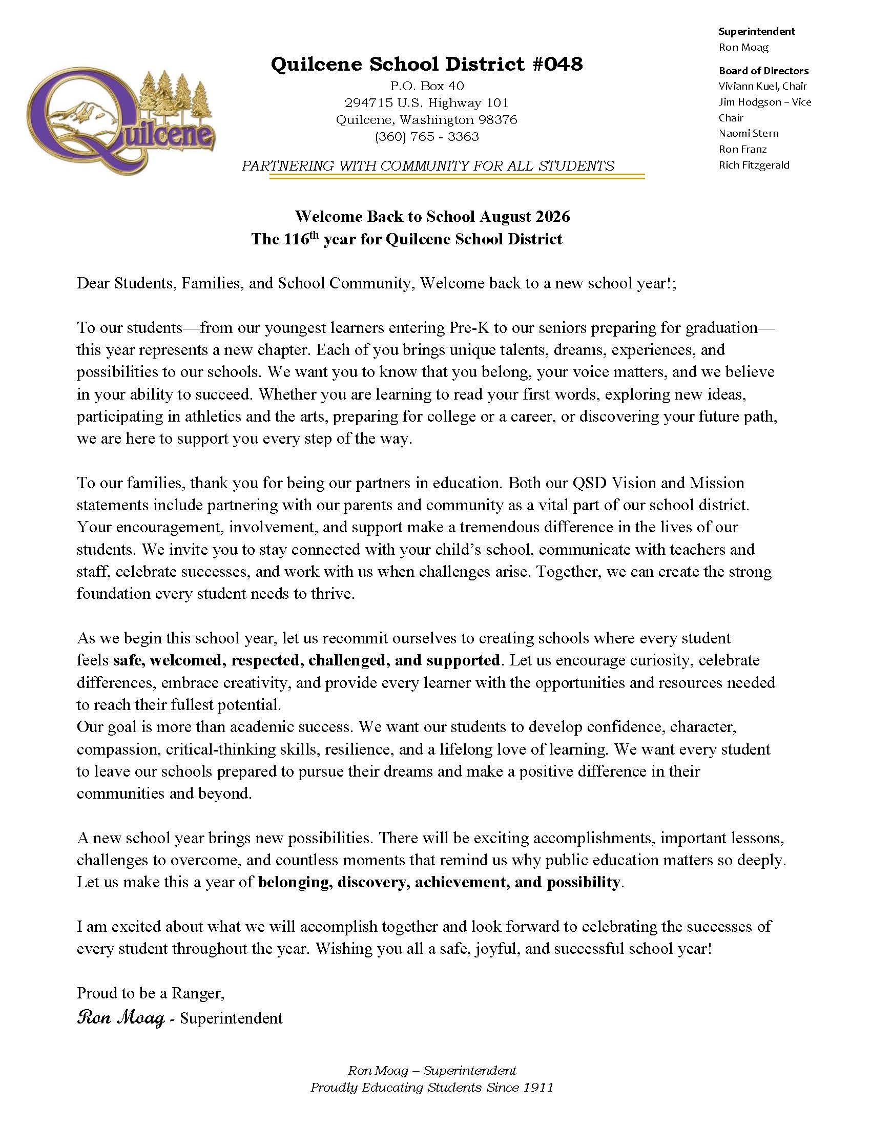 Superintendent Welcome Back Letter
