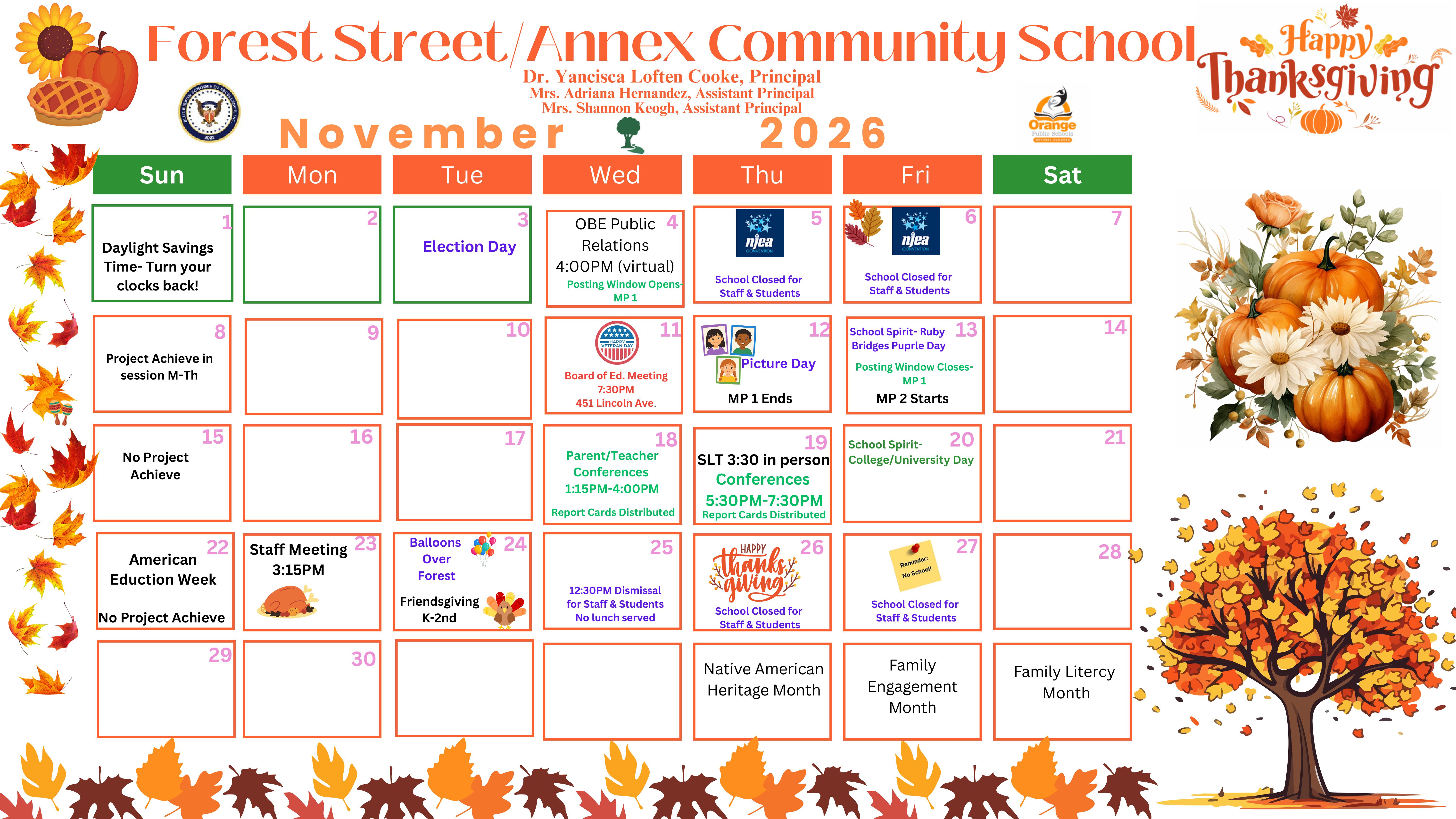 November Monthly Activities Calendar