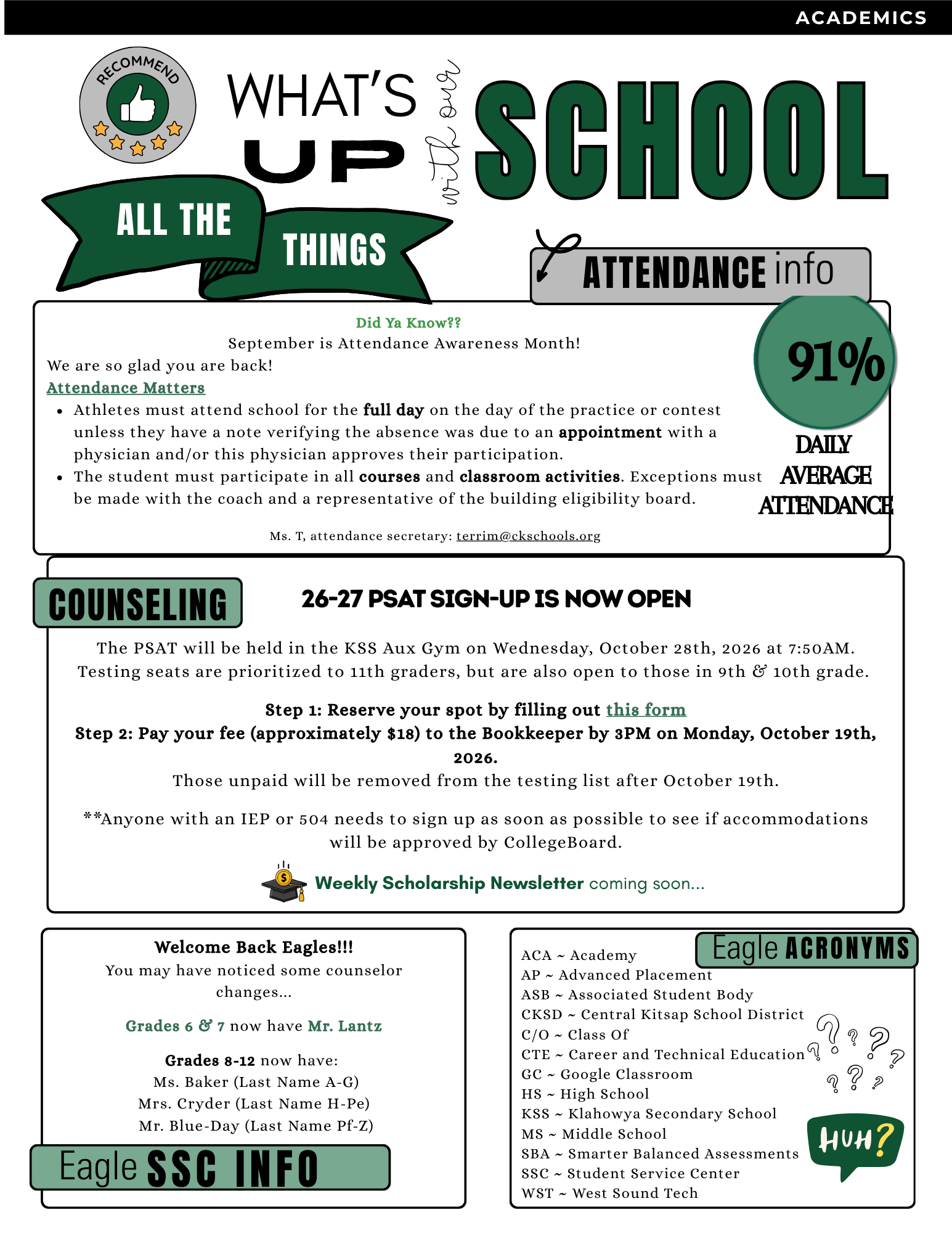A school newsletter with sections for attendance info, 26-27 PSAT sign-ups, counselor updates, and school acronyms.