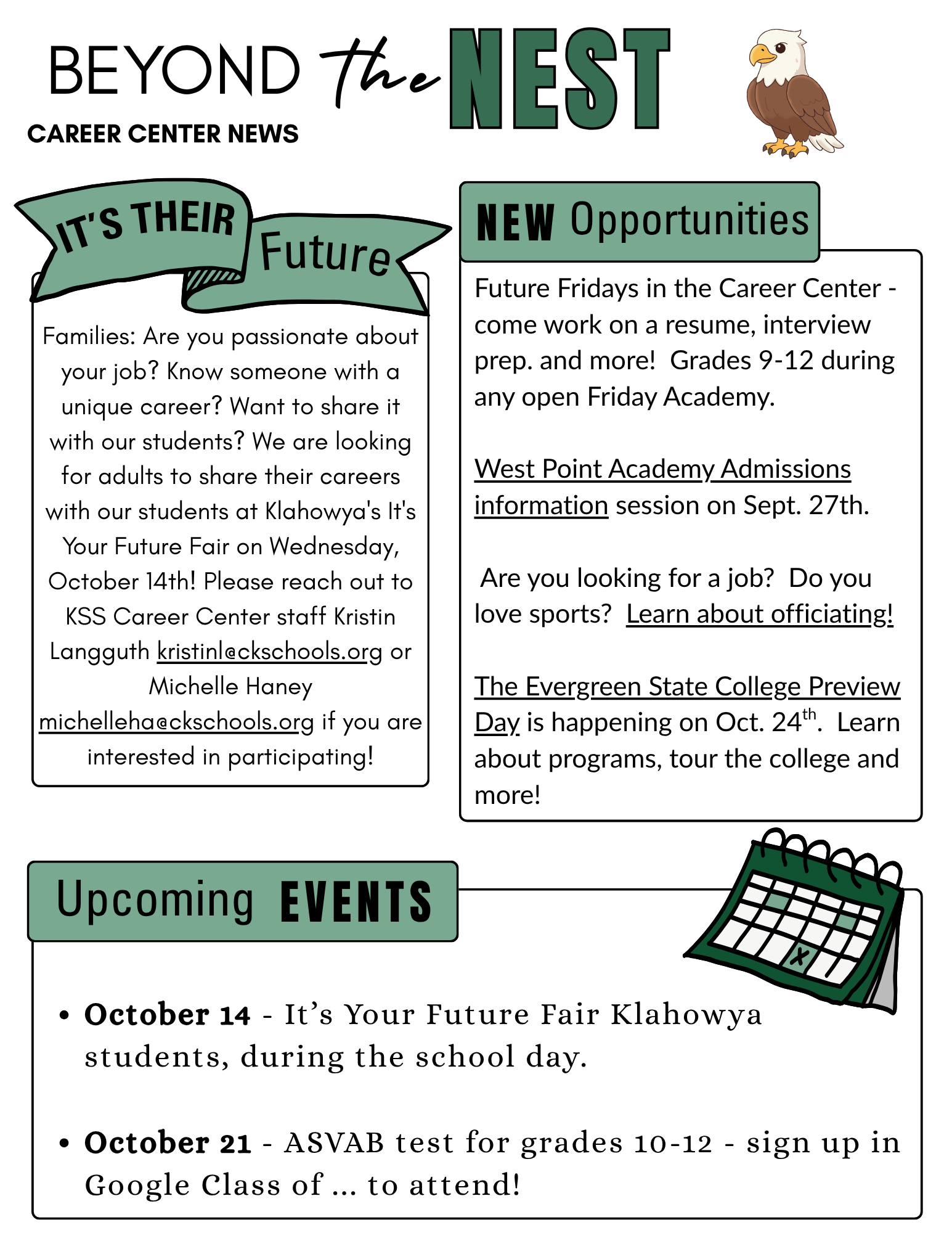 A career center newsletter titled 'Beyond the Nest' featuring updates on Future Fridays, college preview days, and the upcoming 'It's Your Future Fair'.