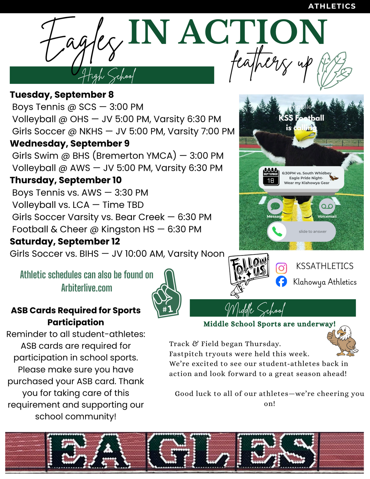 A high school athletic schedule flyer titled Eagles in Action lists sports events for September 8 through September 12.