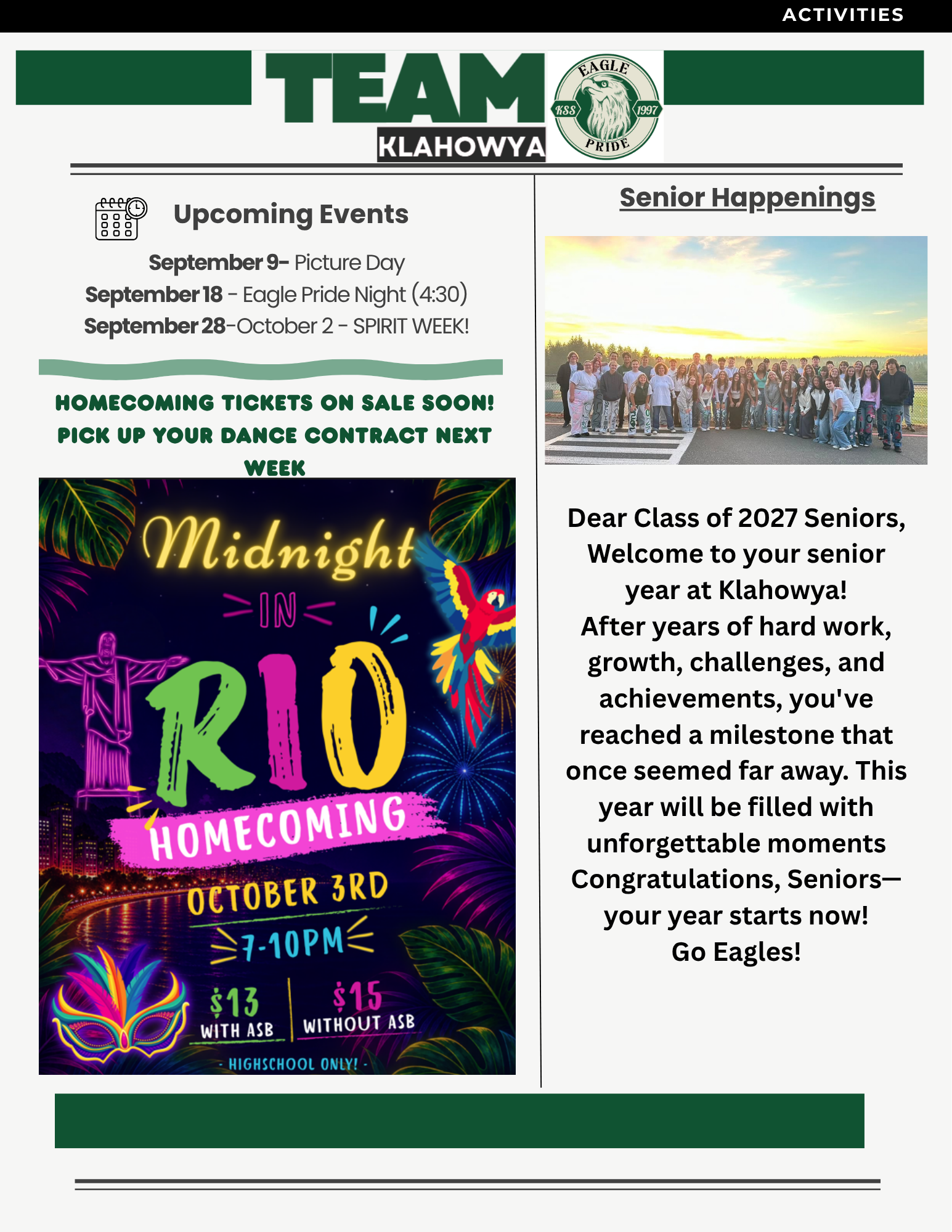 A school newsletter page titled 'TEAM KLAHOWYA' featuring upcoming events, homecoming details, and a welcome message for seniors.