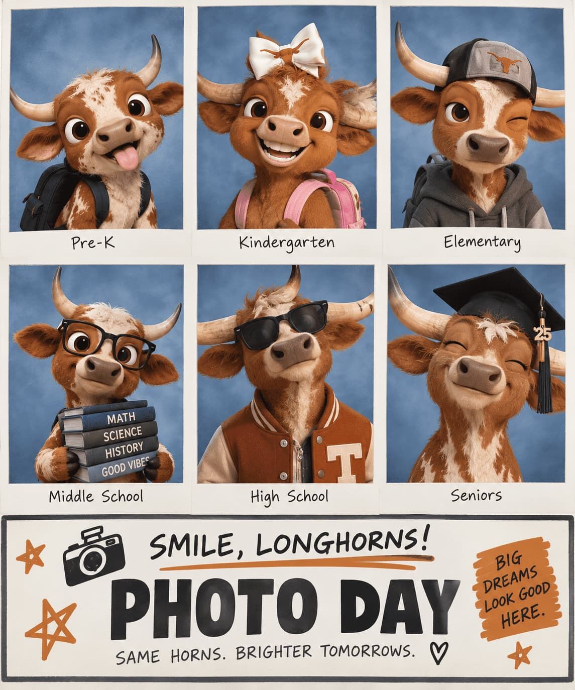 A compilation of school portrait photos featuring a cartoon longhorn growing up from Pre-K to Seniors, with a Photo Day sign at the bottom.