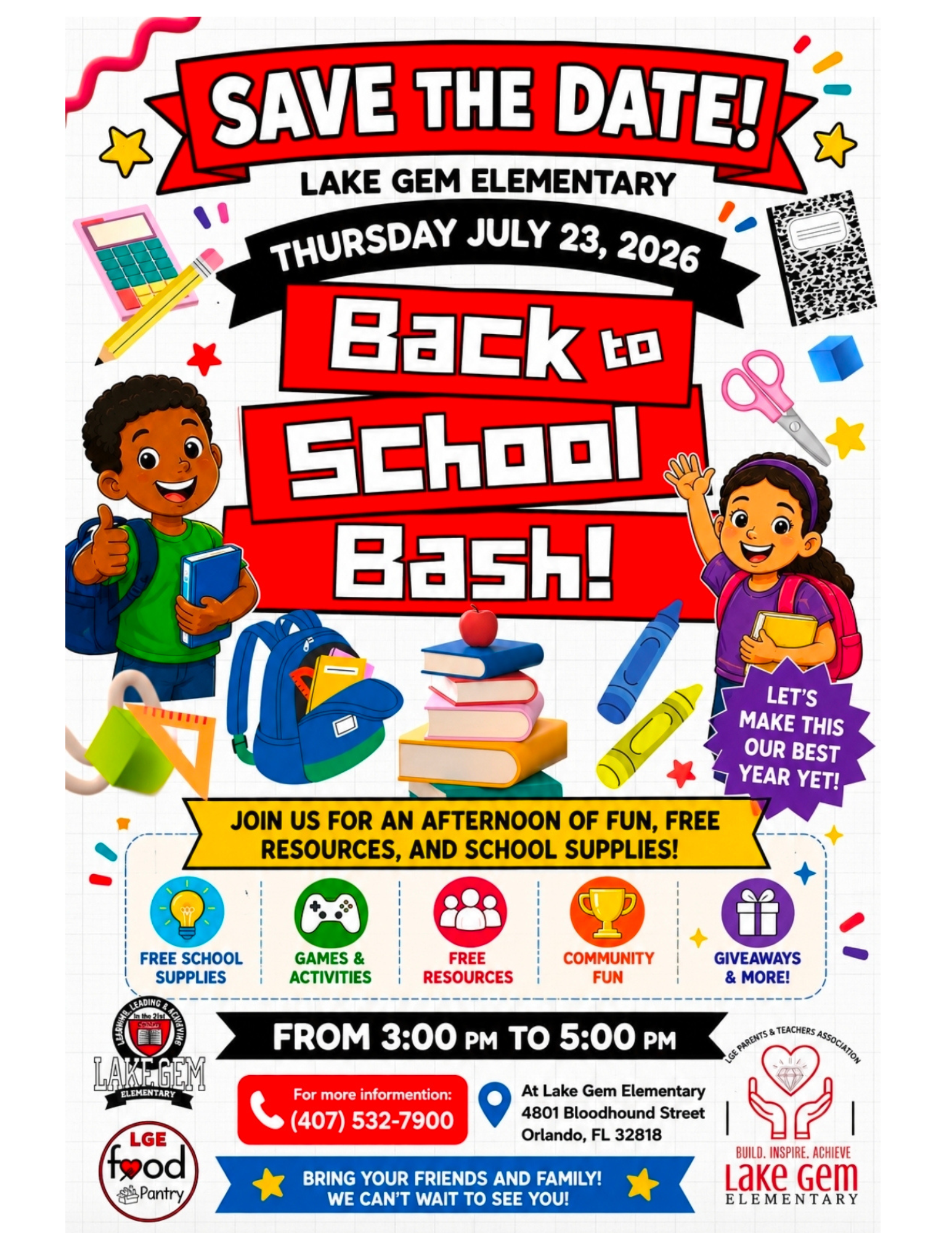 🎉 Lake Gem Elementary Back to School Bash – Save the Date, Thursday, July 23rd! 🎉
