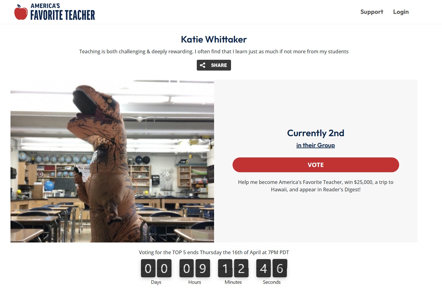 A screenshot of Katie Whittaker's "America's Favorite Teacher" webpage