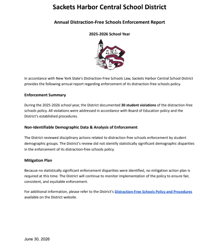 Annual Distraction-Free Schools Enforcement Report  2025-2026 School Year