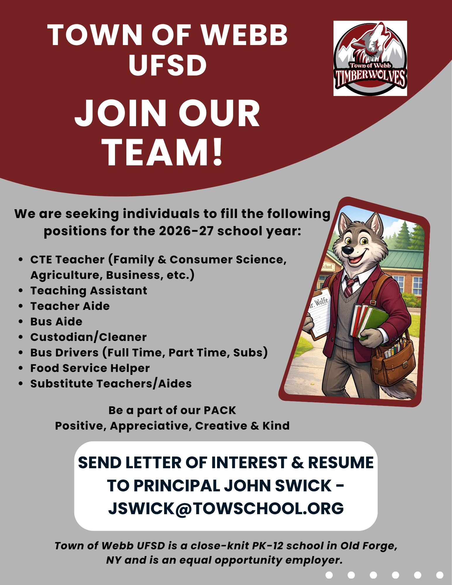 Recruitment poster for Town of Webb UFSD seeking staff for the 2026-27 school year, featuring a cartoon wolf mascot.