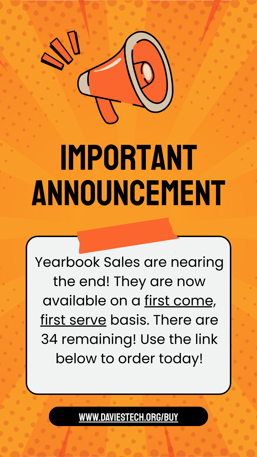 An important announcement graphic with a megaphone icon and text about yearbook sales.