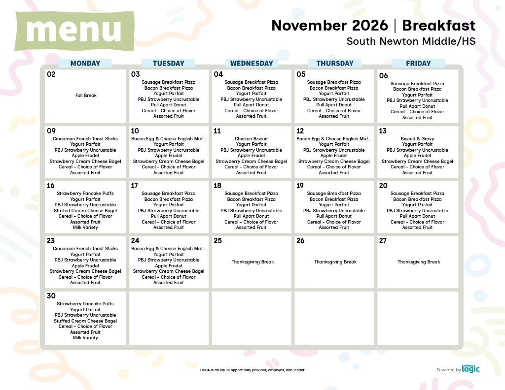 November 2026 MS/HS Breakfast and Lunch Menus!