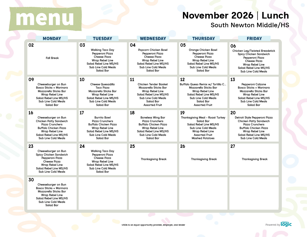 A school lunch menu for November 2026 at South Newton Middle/HS, laid out in a calendar format from Monday to Friday.