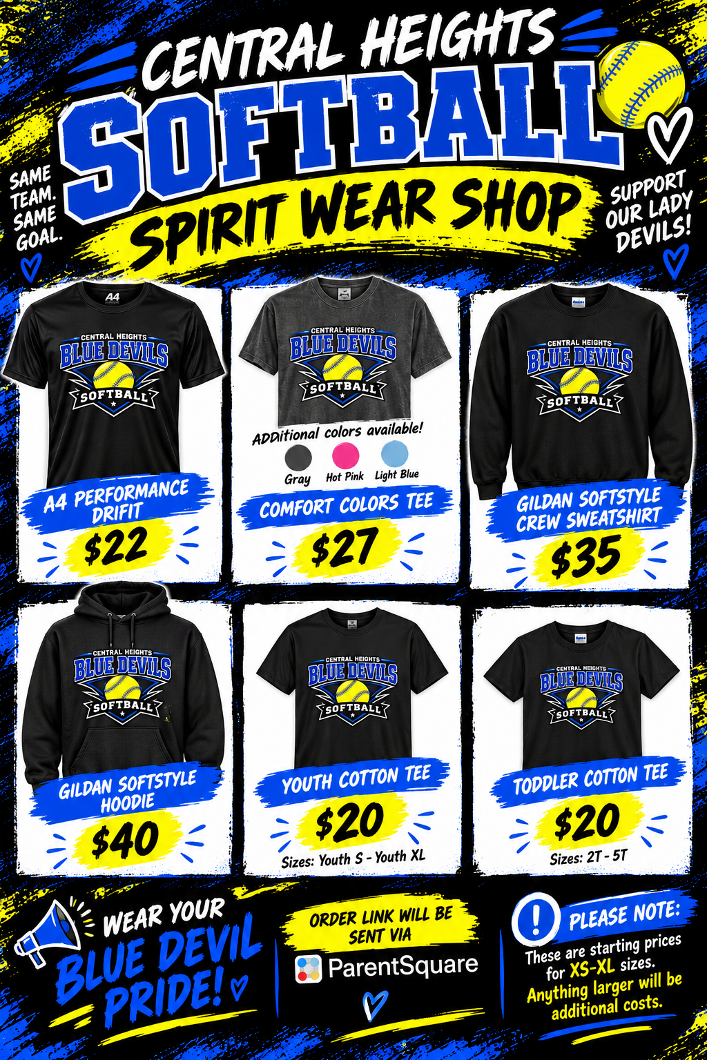 A promotional flyer for the Central Heights Softball Spirit Wear Shop, displaying various shirts, a hoodie, and a sweatshirt with prices.