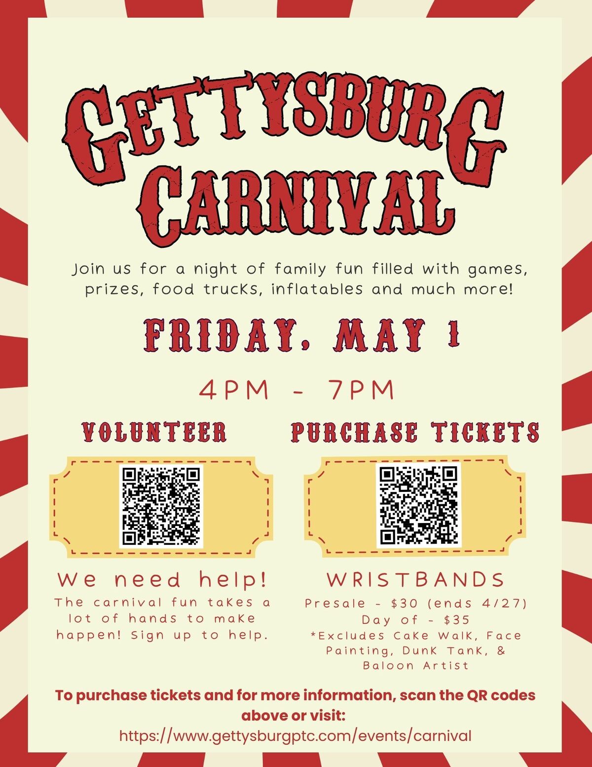Gettysburg Carnival flyer announcing family fun on Friday, May 1st from 4 PM to 7 PM.