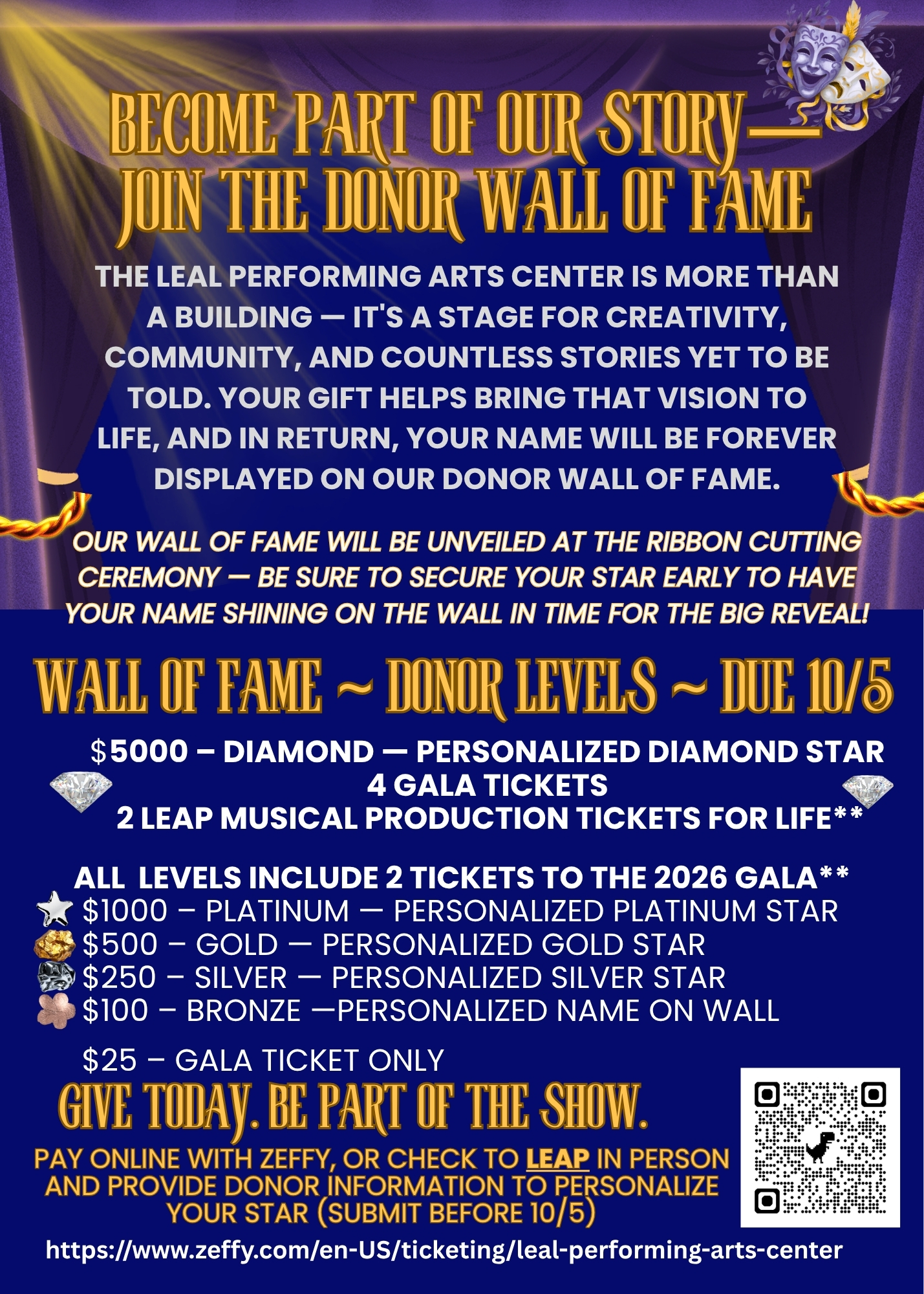 A promotional flyer for the Leal Performing Arts Center Donor Wall of Fame, detailing various donor levels from $25 to $5000.