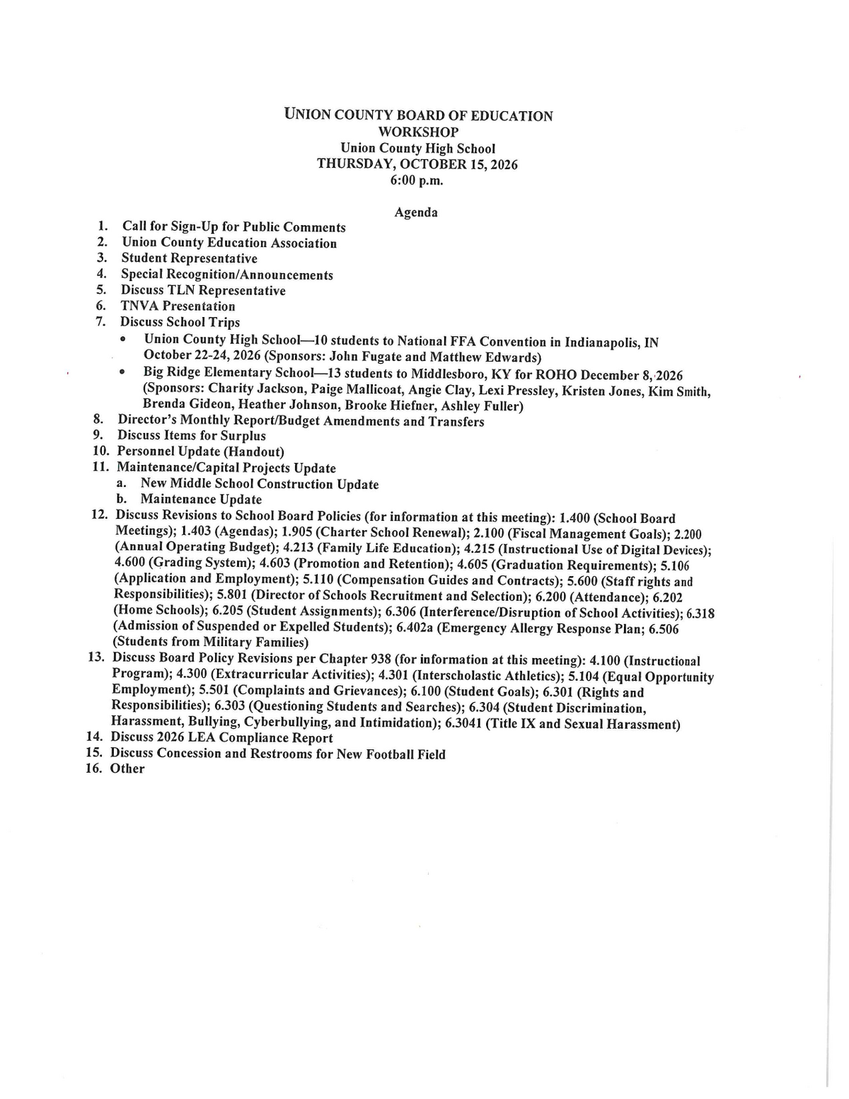 Board of Education Workshop & Regular Meeting Agendas - Thursday, October 15