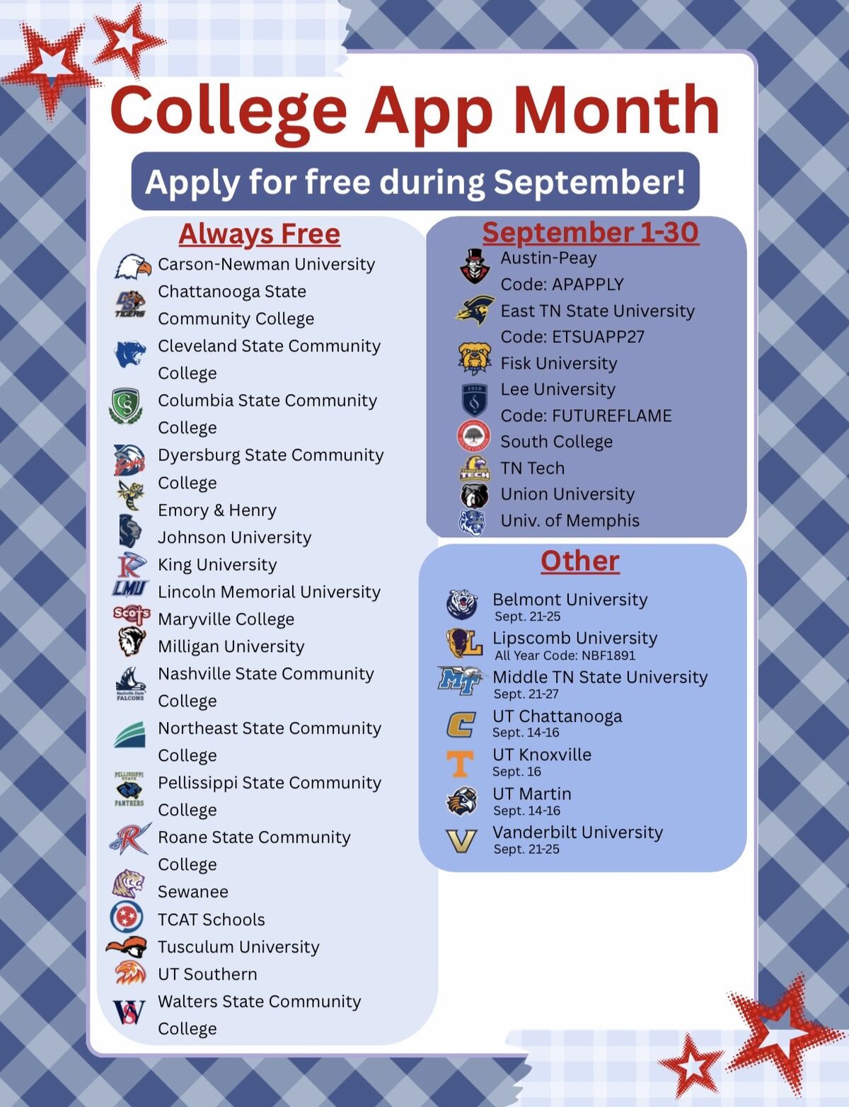 SENIORS!! SEPTEMBER = FREE COLLEGE APP MONTH! 🎓