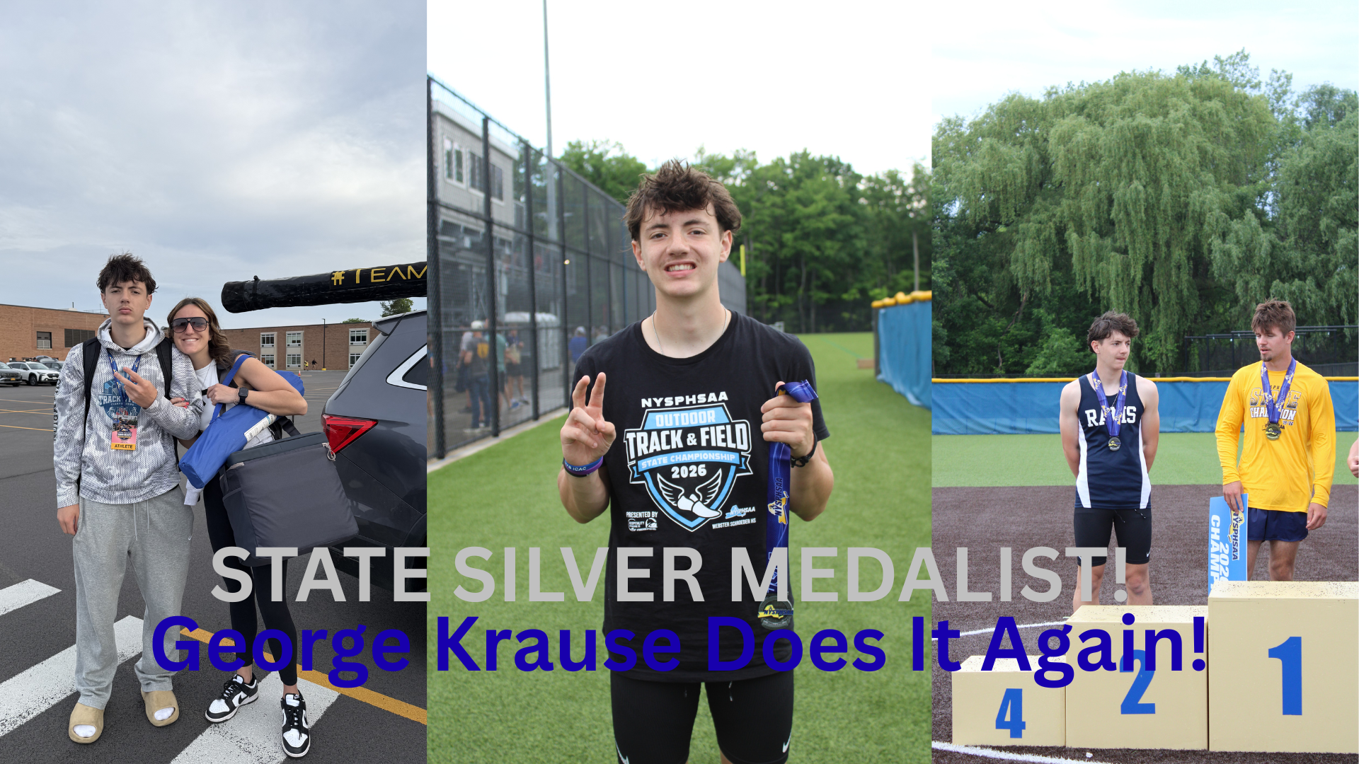 A young man smiles and holds up a medal, wearing a black t-shirt for the NYSPHSAA Outdoor Track & Field State Championship 2026.STATE SILVER MEDALIST! George Krause Does It Again!