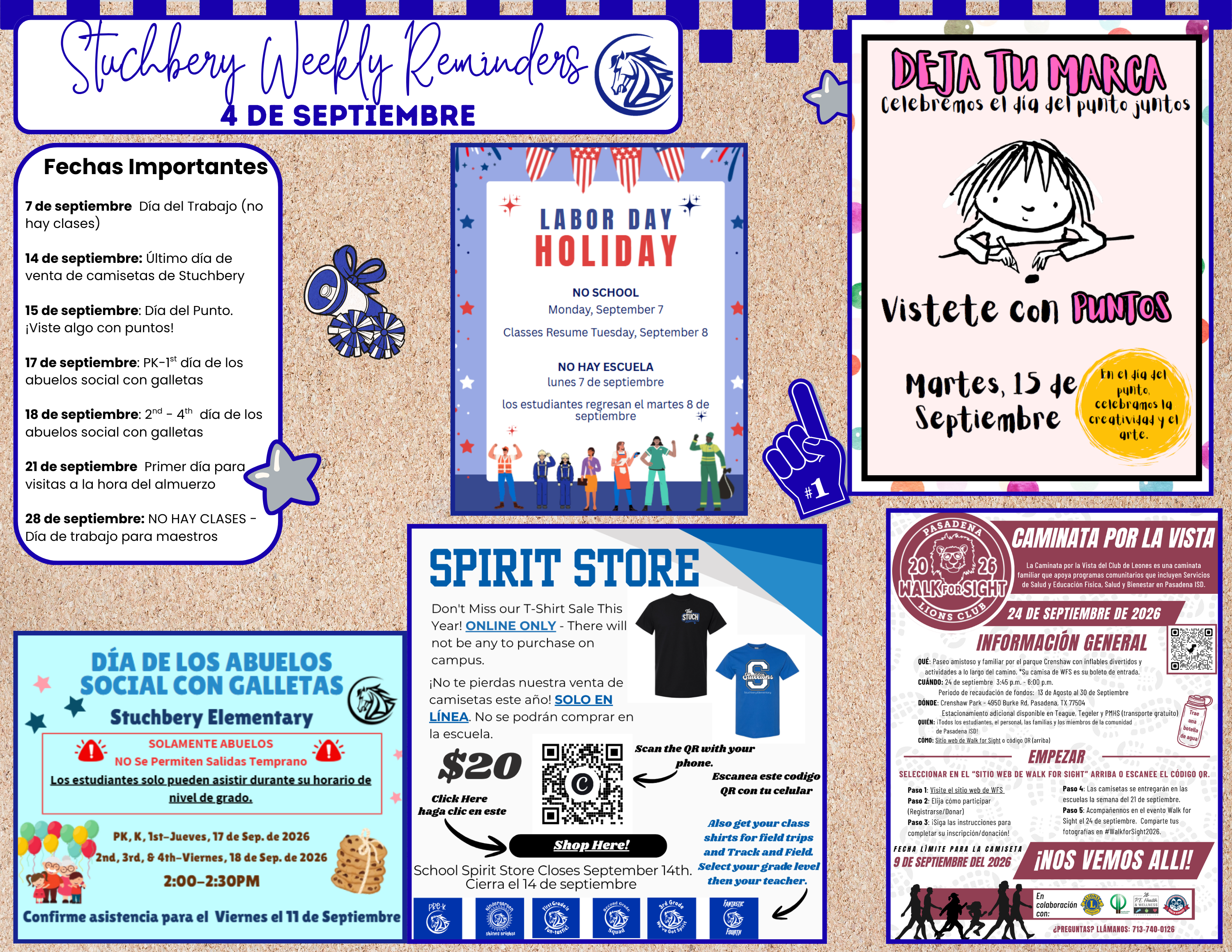 A digital flyer titled Stuchbery Weekly Reminders for September 4th, featuring school dates, spirit store info, and event announcements in Spanish and English.