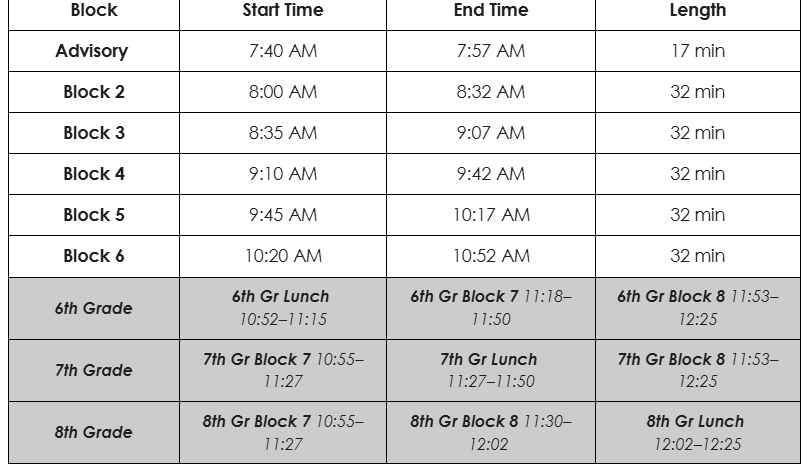 Adjusted Wednesday schedule