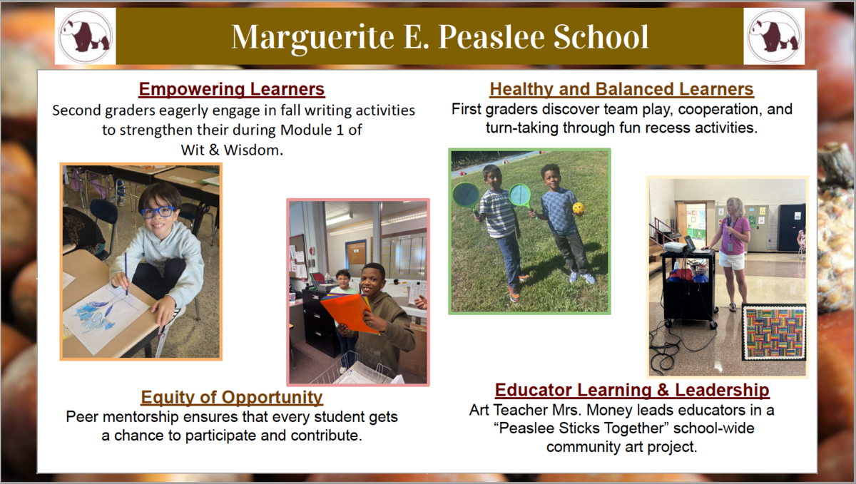 A school newsletter slide titled Marguerite E. Peaslee School features photos of students and teachers engaged in learning activities.