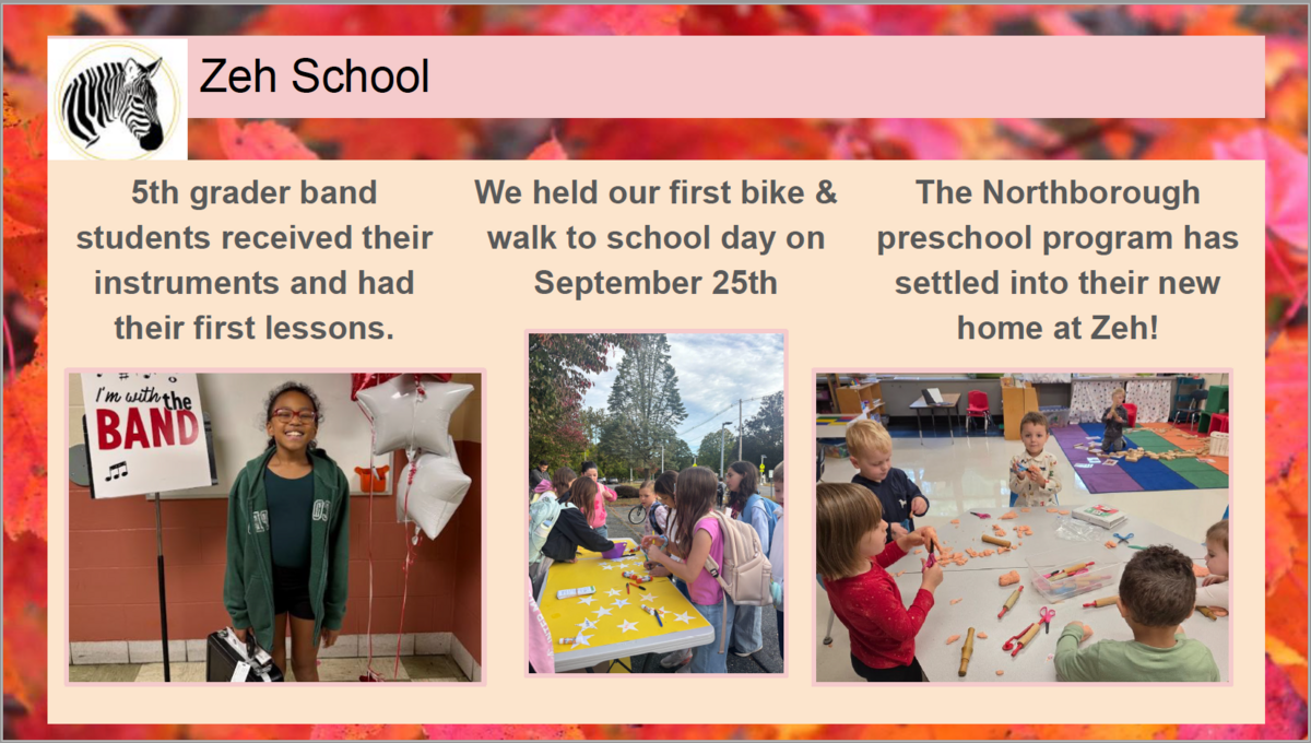 A newsletter graphic for Zeh School with a zebra logo, featuring updates on band instruments, a bike and walk day, and the new preschool program.