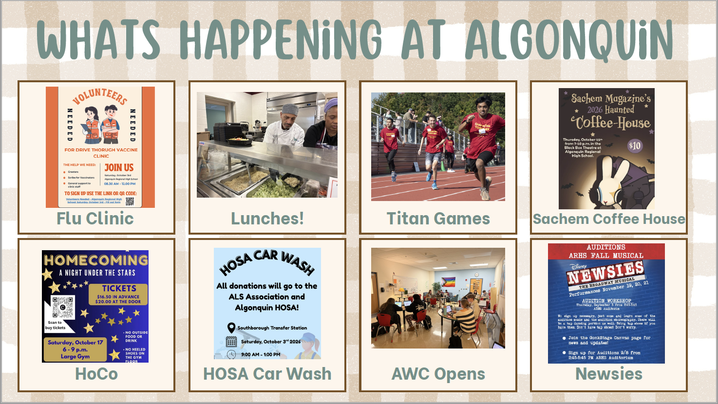 A bulletin board titled 'What's Happening at Algonquin' showcases eight events with images and text, including a flu clinic, lunches, Titan Games, and a coffee house.