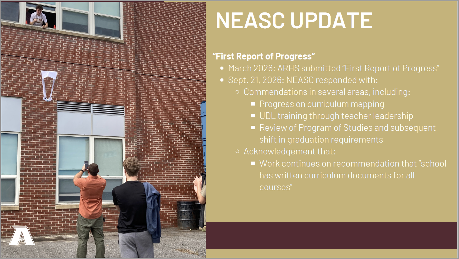 A split image shows a brick school building on the left and a NEASC update presentation on the right.