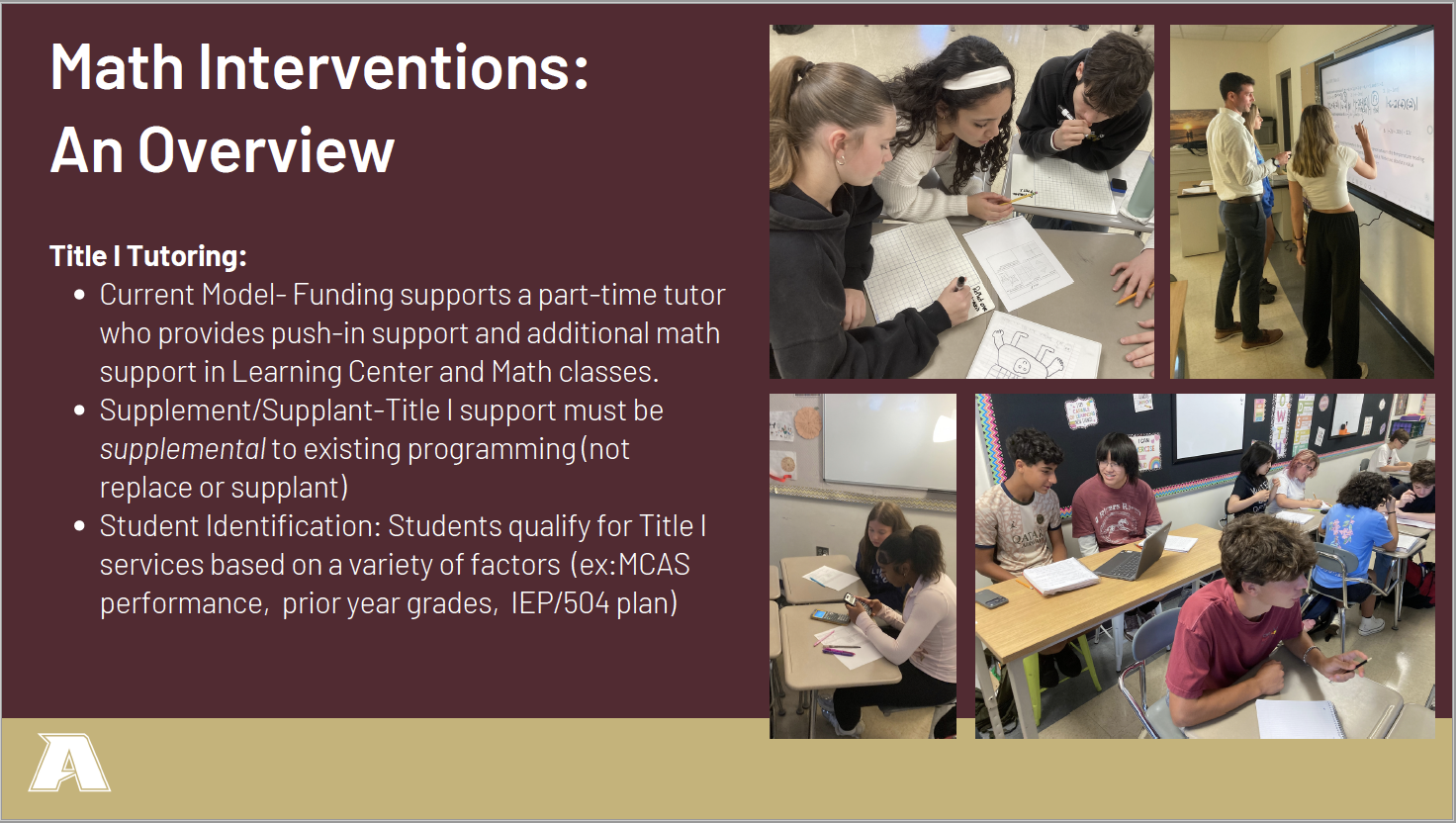 A presentation slide titled 'Math Interventions: An Overview' with text about Title I tutoring models and four photos of students working on math in a classroom.