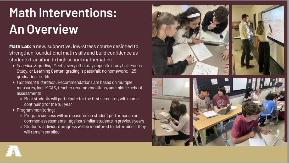 A presentation slide titled 'Math Interventions: An Overview' with details about the Math Lab course and photos of students working.