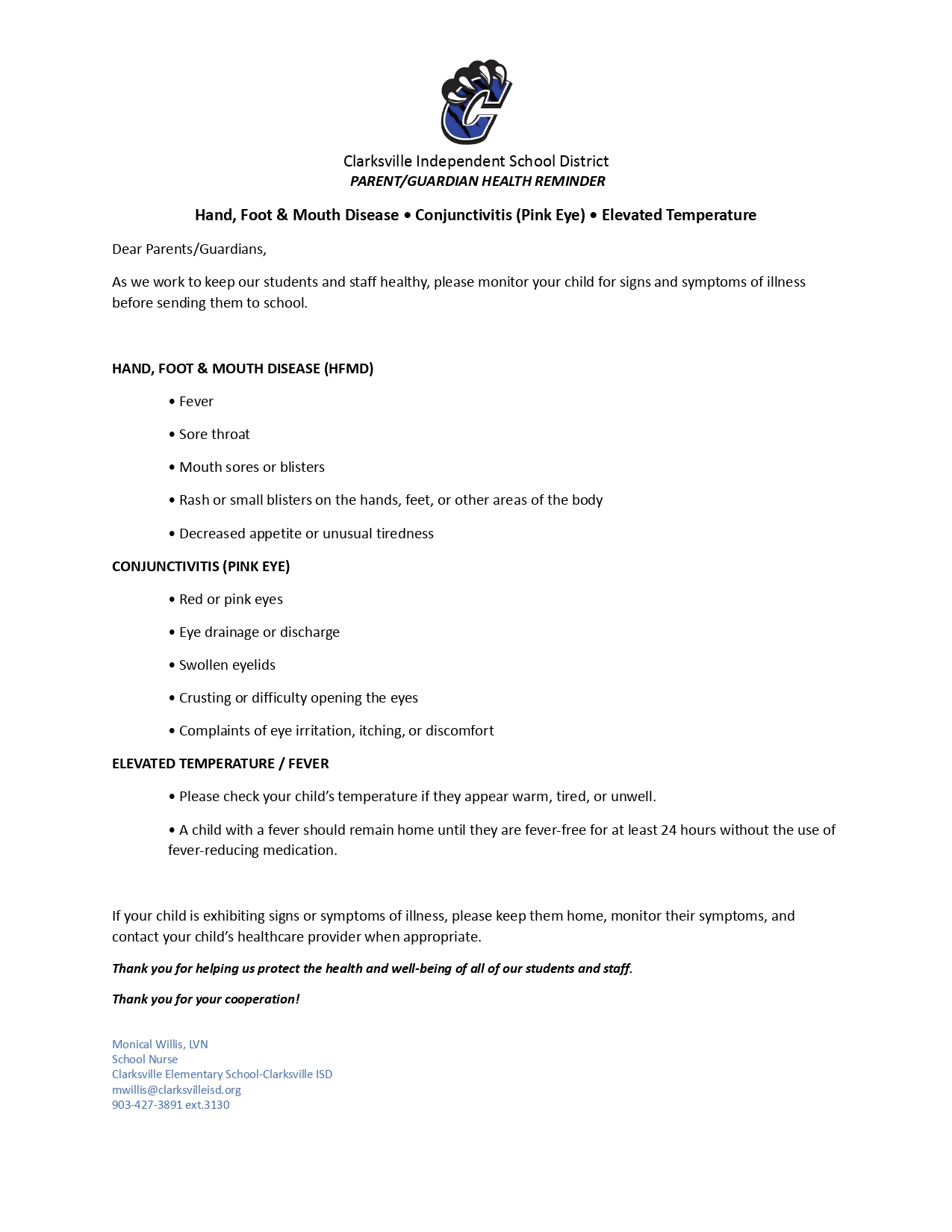 Health Concerns - Cheatham Elementary School