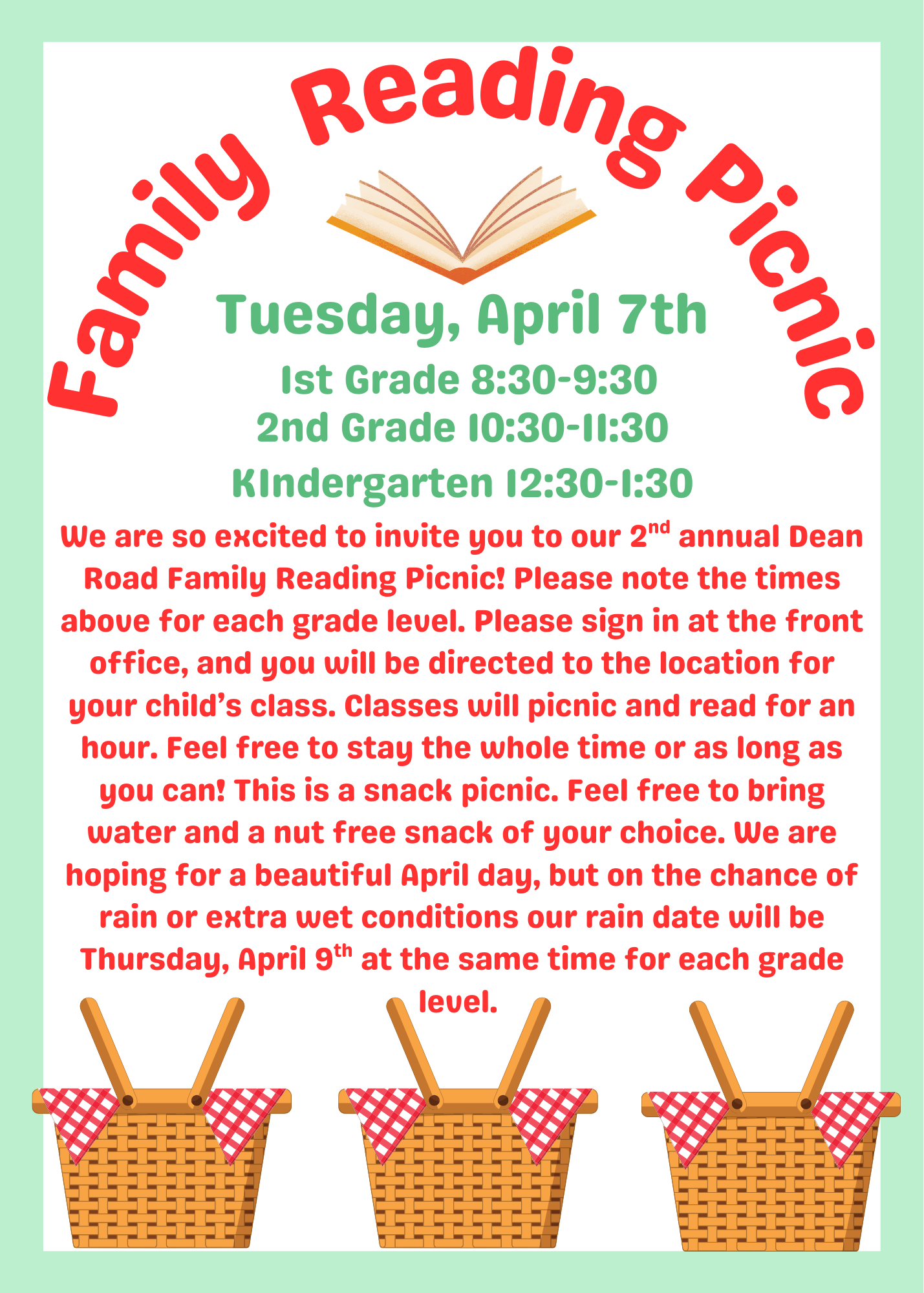 Poster announcing the Dean Road Family Reading Picnic on Tuesday, April 7th, with specific times for 1st Grade, 2nd Grade, and Kindergarten.