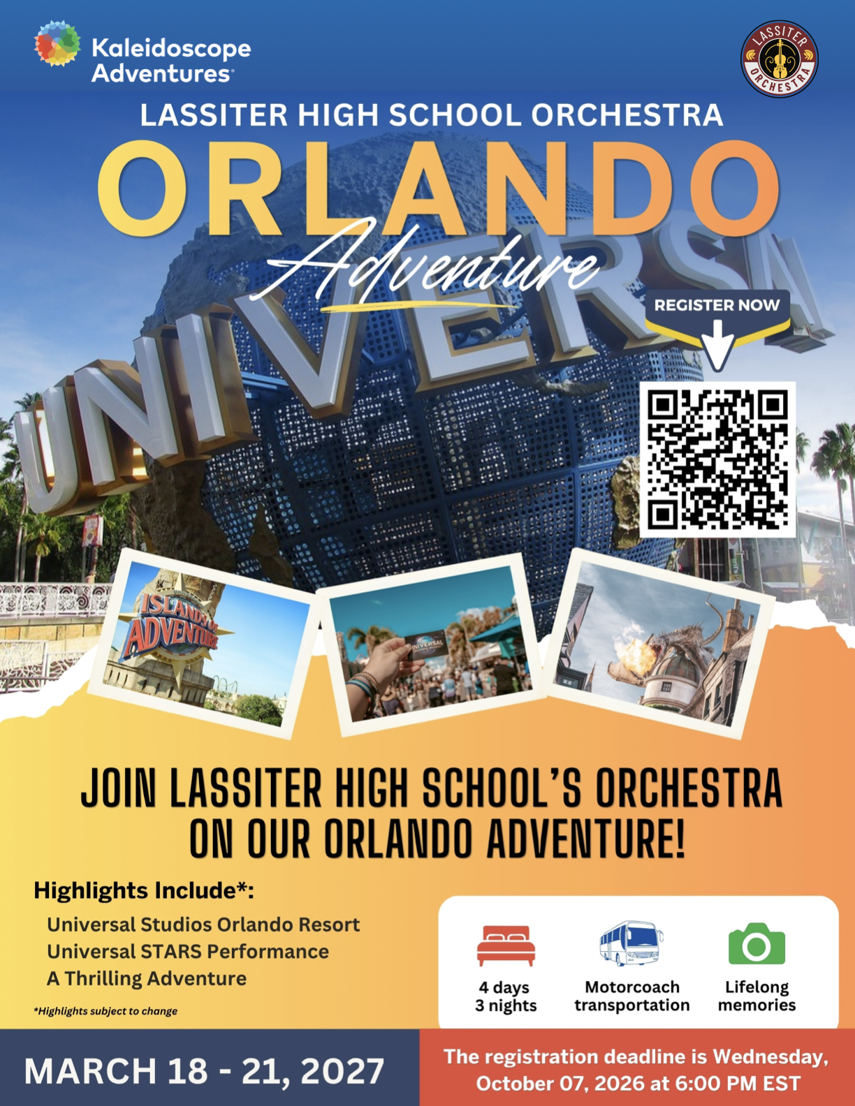 A promotional flyer for the Lassiter High School Orchestra Orlando Adventure from March 18-21, 2027.