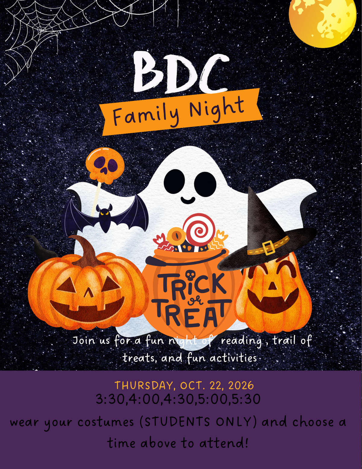 Family Night on Oct. 22nd beginning at 3:30