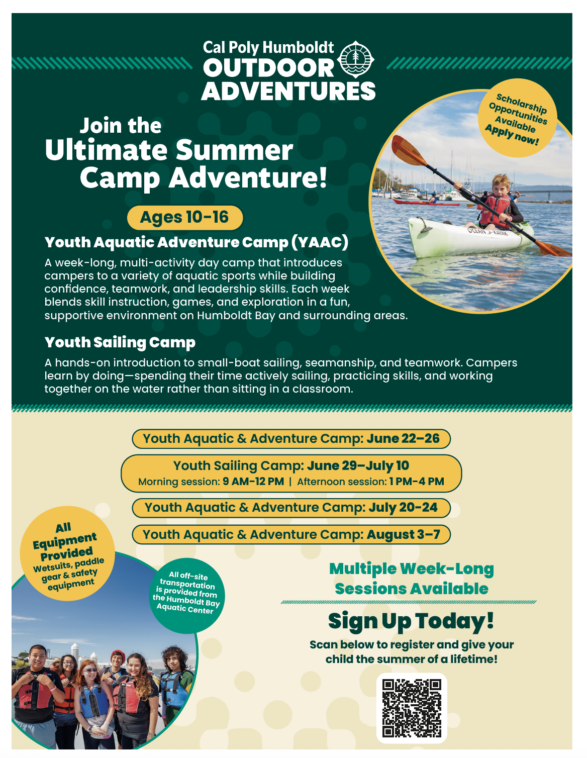 Cal Poly Humboldt Outdoor Adventures promotes summer camps for ages 10-16, including Youth Aquatic Adventure Camp and Youth Sailing Camp.