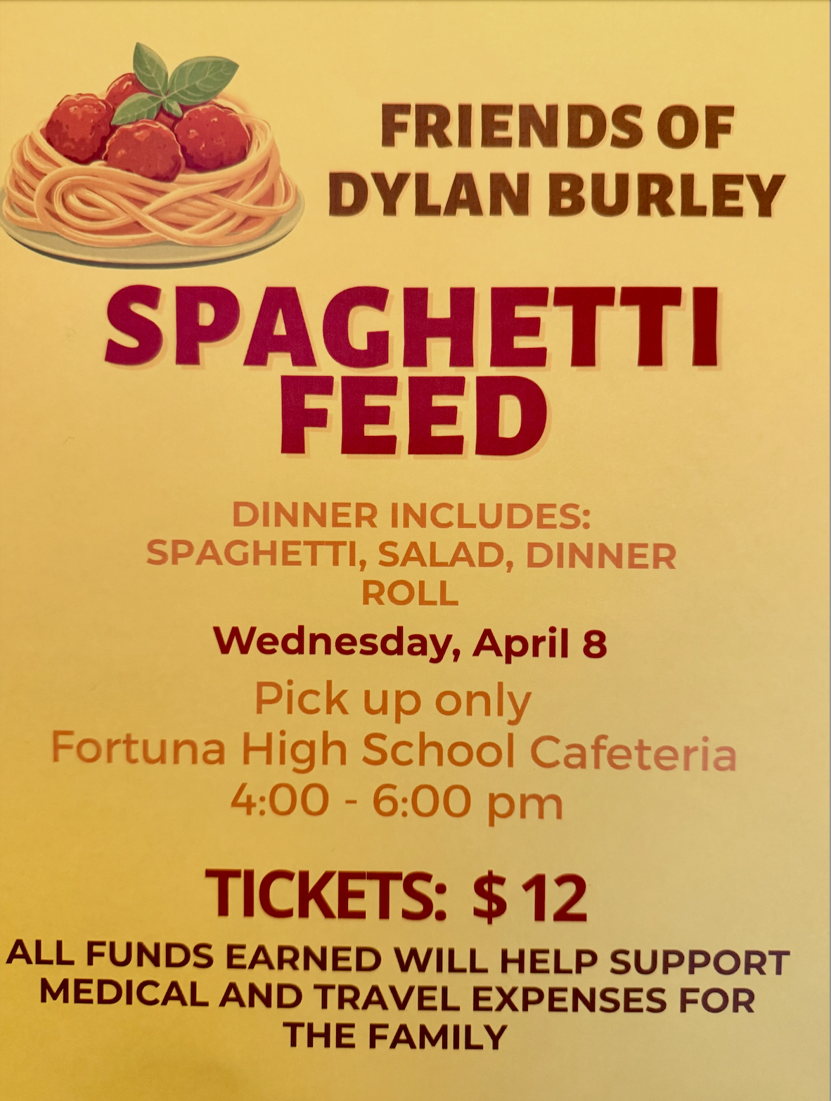 Poster for a Spaghetti Feed fundraiser for Dylan Burley, featuring a graphic of spaghetti and meatballs.