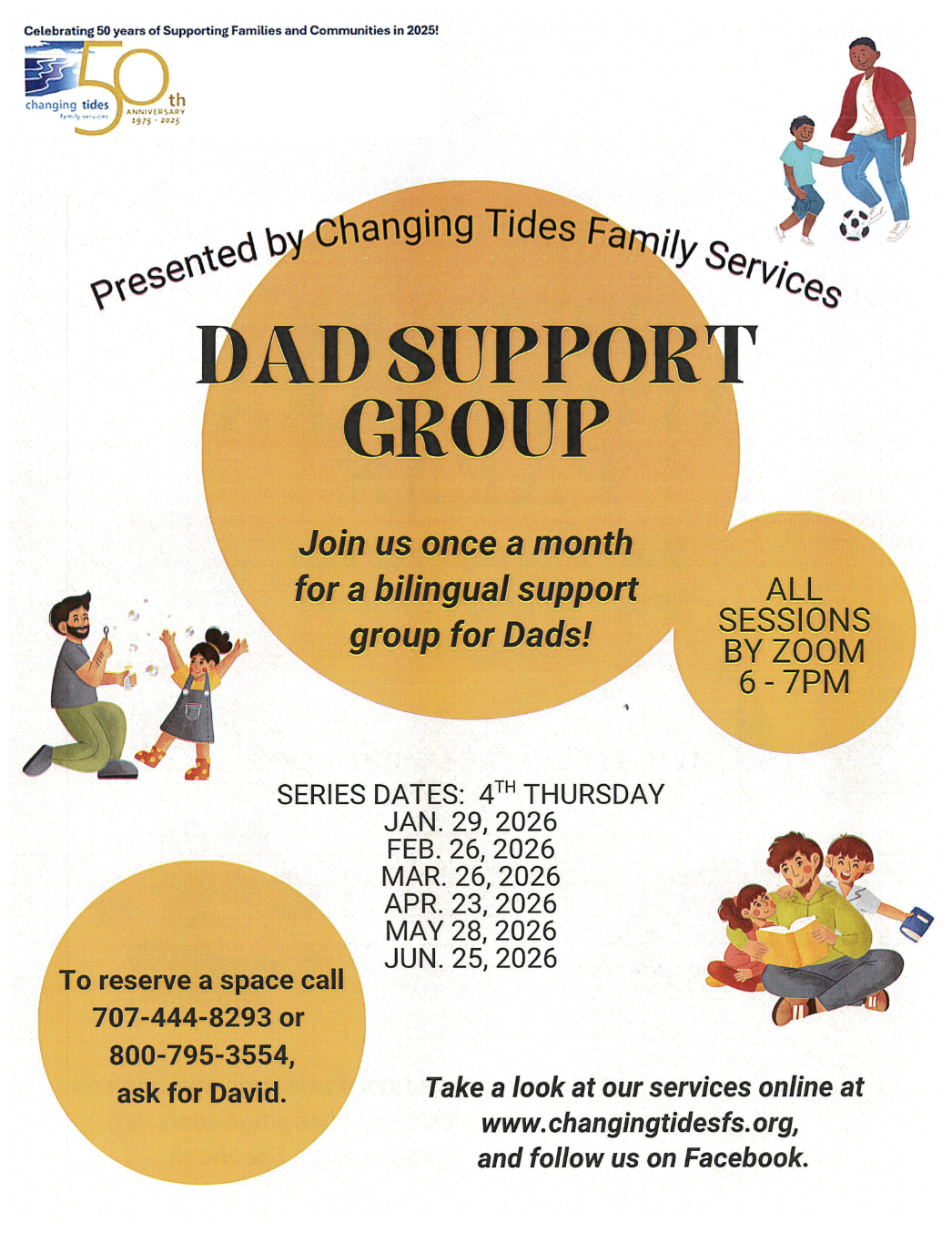 Poster for a "Dad Support Group" presented by Changing Tides Family Services, featuring illustrations of families and event details.