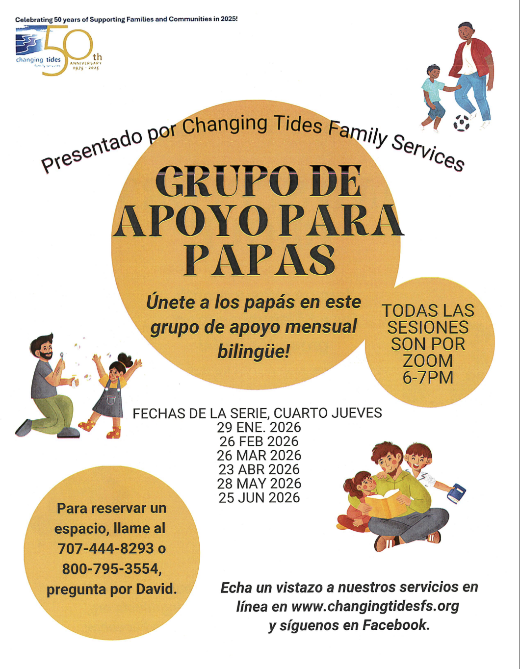 Poster announcing a bilingual "Grupo de Apoyo para Papas" (Support Group for Dads) by Changing Tides Family Services, with dates and Zoom details.