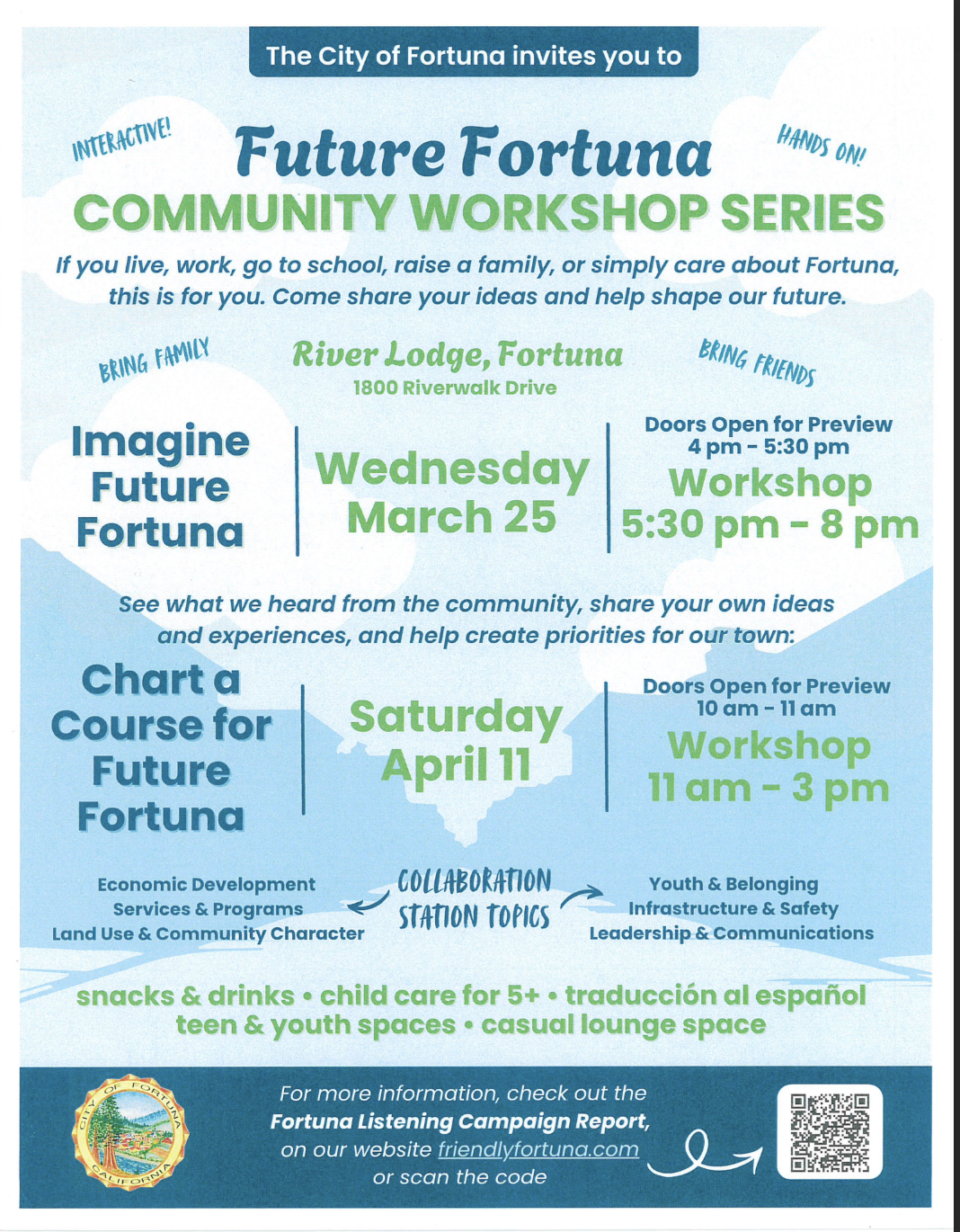 Poster for the Future Fortuna Community Workshop Series, inviting residents to share ideas and shape the town's future.