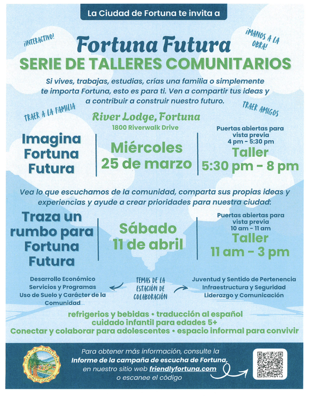 Poster for "Fortuna Futura" community workshops hosted by the City of Fortuna, inviting residents to share ideas for the city's future.