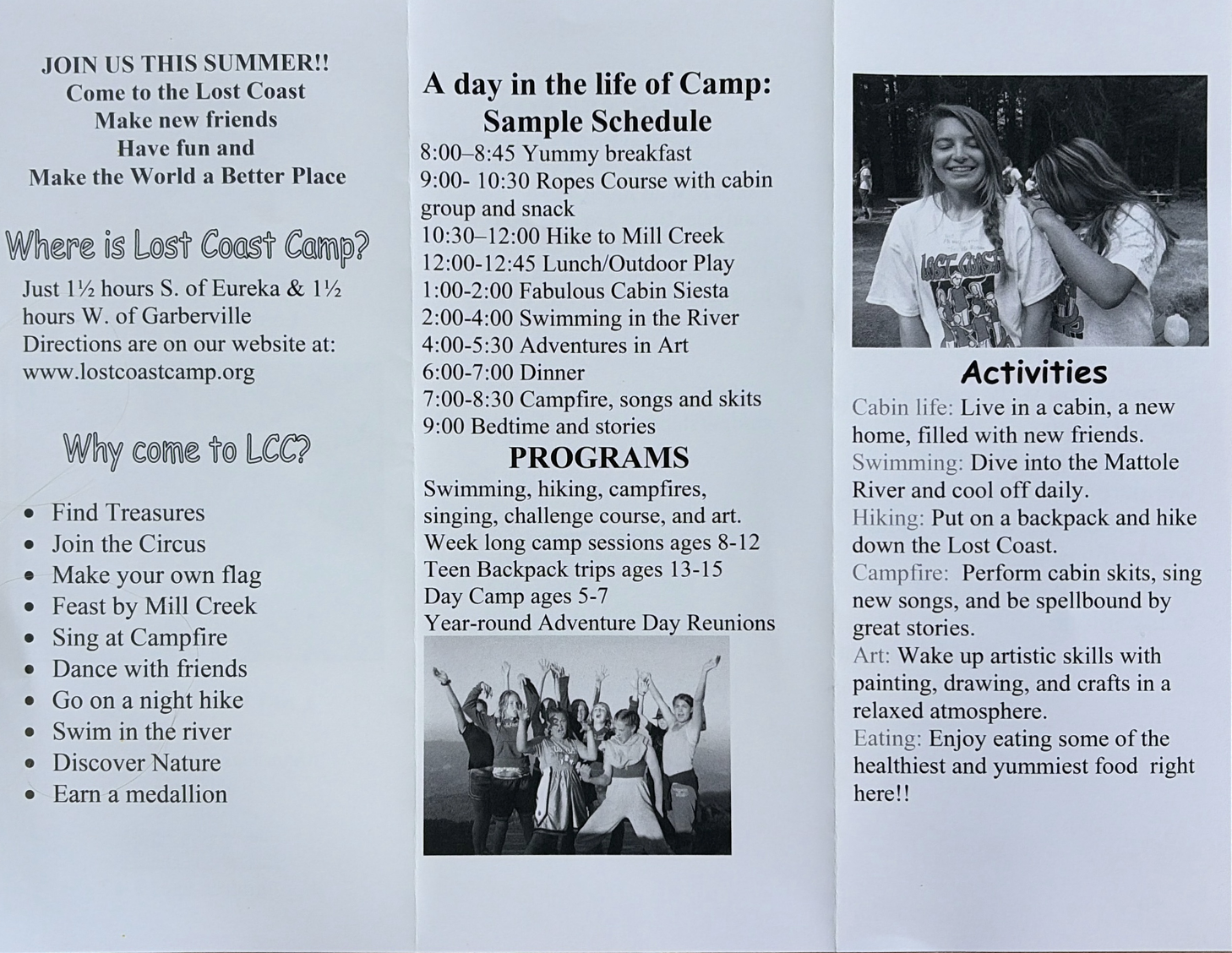 Brochure for Lost Coast Camp, featuring camp activities, a sample schedule, and reasons to attend.
