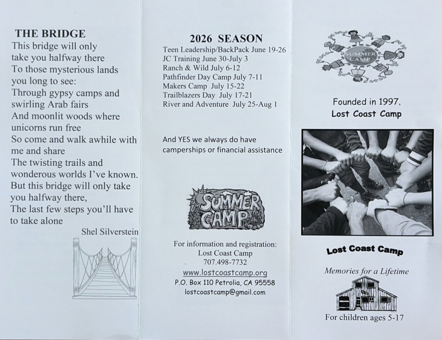 Brochure for Lost Coast Camp featuring a poem titled 'The Bridge' and camp dates for the 2026 season.