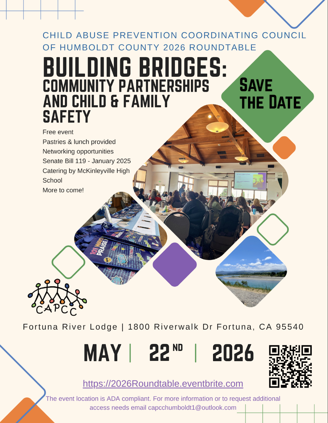 Poster for the "Building Bridges: Community Partnerships and Child & Family Safety" roundtable on May 22, 2026.