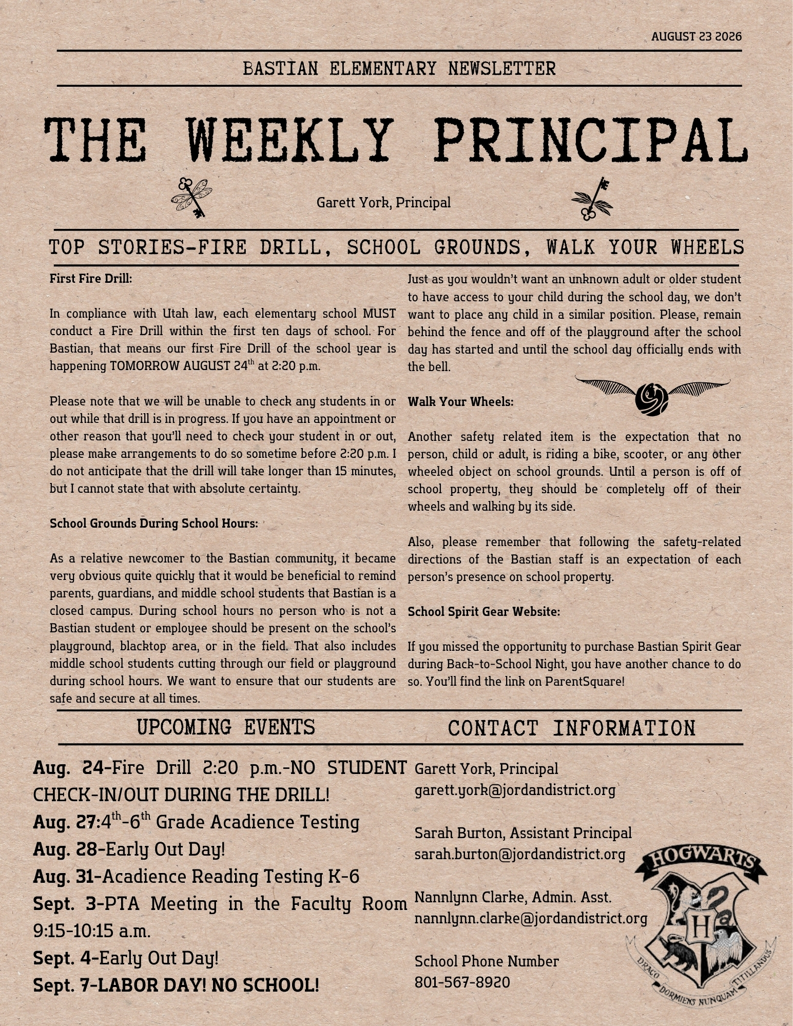 Bastian Elementary Newsletter featuring 'The Weekly Principal' with news on fire drills, school grounds, and upcoming events.