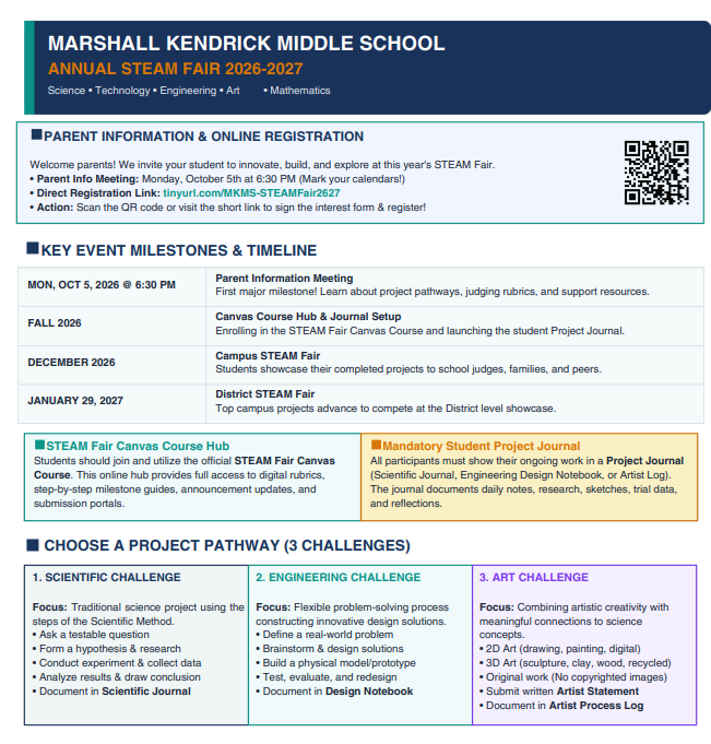 A flyer for Marshall Kendrick Middle School's Annual STEAM Fair 2026-2027, detailing parent information, a timeline, and three project challenges.
