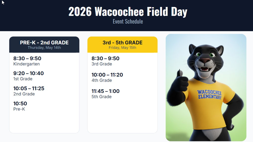 Reminder - Wacoochee Elementary Field Days Schedule