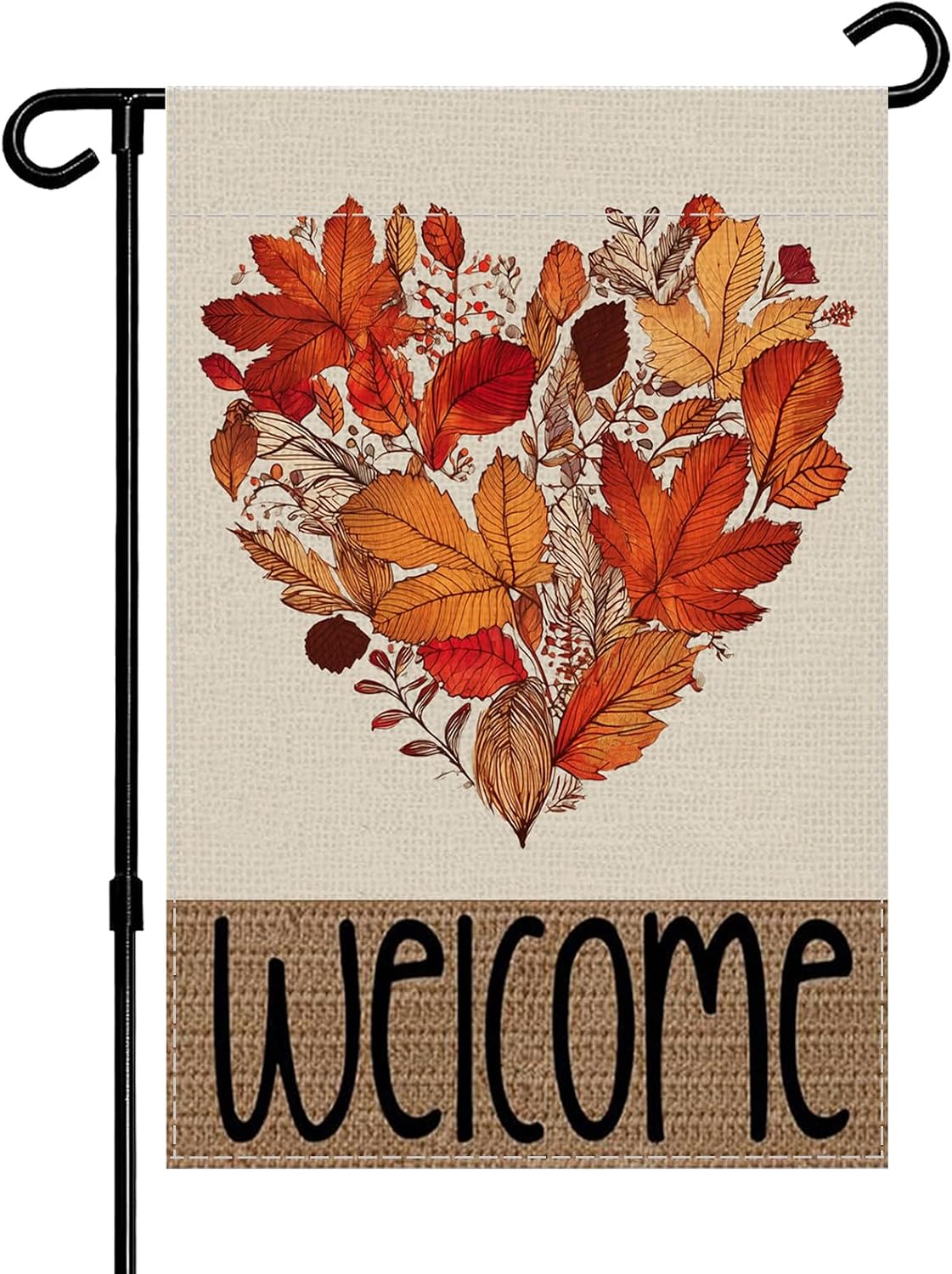 A vertical garden flag features a heart shape made of autumn leaves and the word "welcome" at the bottom.