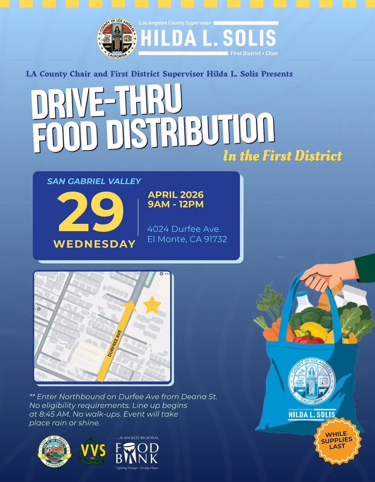 TODAY at 9 a.m. - Food Distribution by Drive-Thru - Wed, 4/29/26 (Office of Hilda Solis)