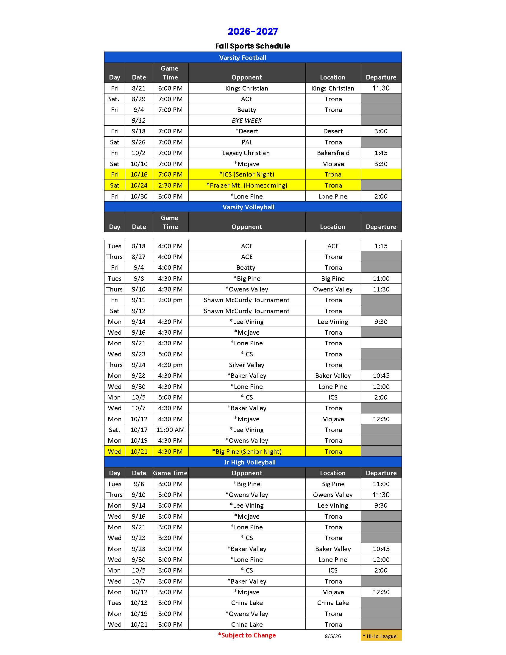 26-27 Fall Sports Schedule 8/5/26